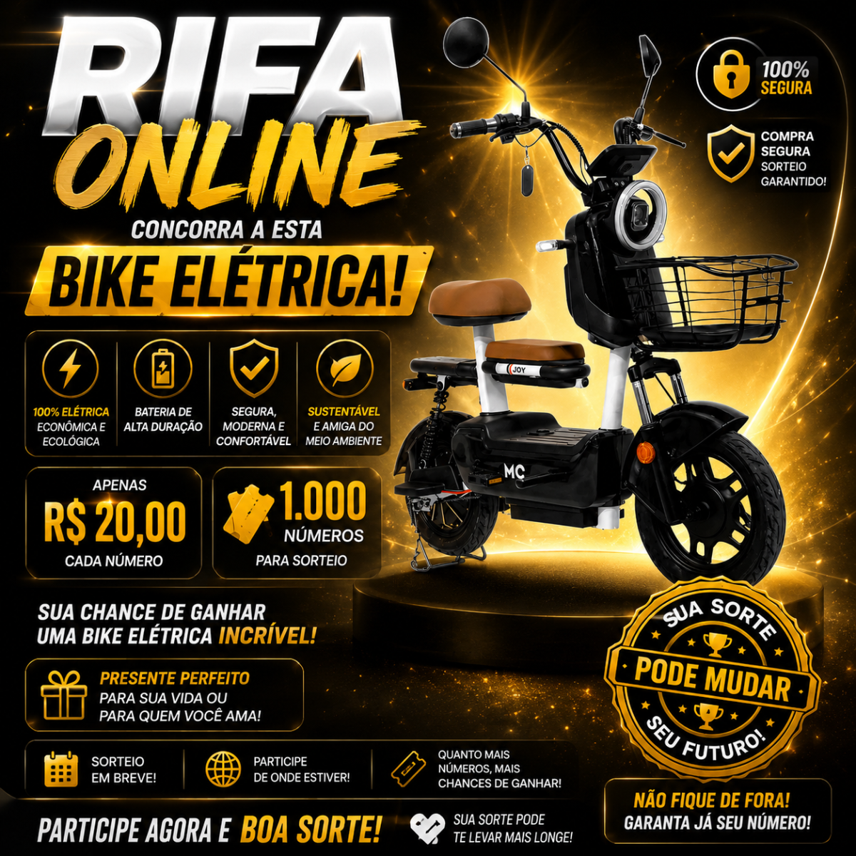 Bicicleta Elétrica Joy C2 1000W Bateria Removível 48V